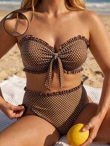 Swim Mod Bộ đồ bơi 2 mảnh size lớn Xuân/Hè 2026, vải in chấm bi, áo bandeau nhún có dây đeo tháo rời, quần đáy nhún, phong cách quyến rũ cho bãi biển/hồ bơi/tiệc - Cà phê nâu - Xem 1