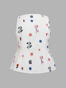 SHEIN LUNE CURVE Plus Size Women's Floral Print Single Breasted Casual Boho Vest Shirt Brunch Vacation Allover White And Yellow Summer - Multicolor - View 4