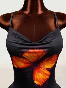Mistrie Summer Sexy 90s Fairycore Y2k Lace-Up Butterfly Print Bodycon Knit Mini Dress Clubbing Night Out Party Black And Orange - Multicolor - View 7