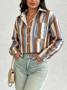 SHEIN Women's Striped Button-Front Long Sleeve Shirt With Pockets - Multicolor - View 4