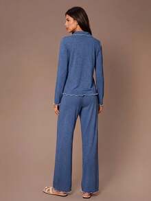 Lazeform Blue Lapel Open Front Lettuce Trim Contrast Color Super Soft Draping Spring Autumn Knit Fabric Long Sleeve Top And Pants, Minimalist Casual Loose - Blue - View 2