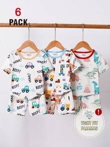SHEIN GraphicGems 6pcs/Set Boy's And Young BoyCute Cool Dinosaur Car & Construction Vehicle Print Short Sleeve Shorts Knit Comfortable Soft Snug Fit Pajamas Loungewear Set - Multicolor - View 4