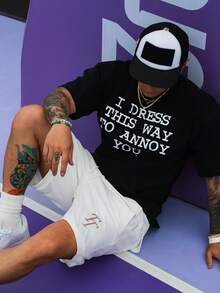 DAZY 男士彈性腰夏季字母刺繡短褲 - 米色 - 查看 7