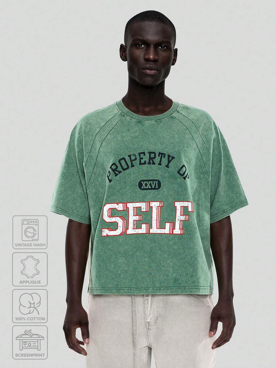 FORM&CHAOS [100% Cotton]Men's Vintage Washed Green 100% Cotton T-Shirt, Summer - Green - View 1