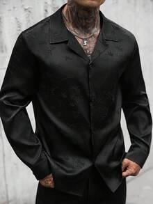 Manfinity CasualCool 男士黑色提花休閒襯衫，正式款 - 黑色 - 查看 3