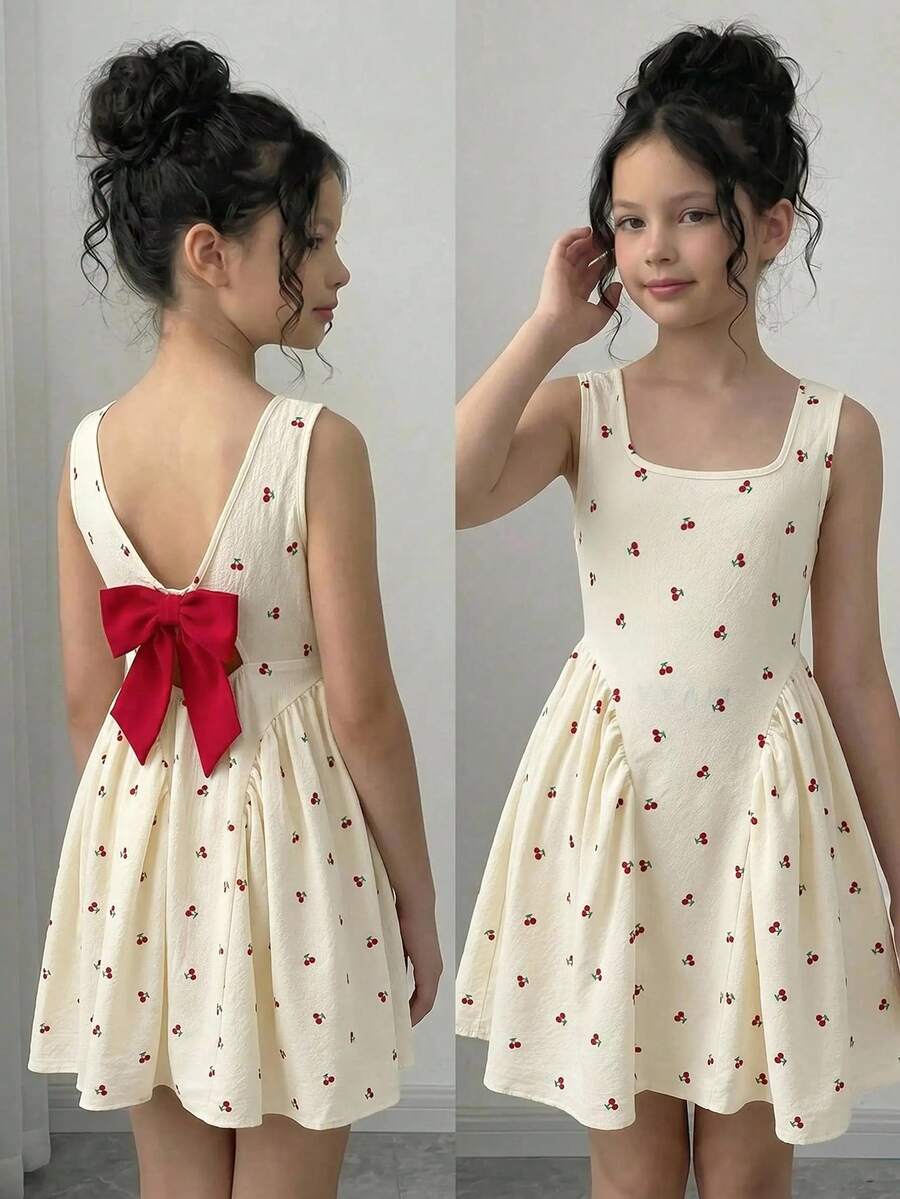 Firerie Kids Firerie Kids Tween女孩時尚休閒梭織櫻桃印花紅色蝴蝶結無袖洋裝 - 彩色 - 查看 1