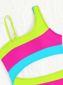 SHEIN Tween Girl Color-Block Asymmetric Neckline One-Piece Swimsuit, Hollowed-Out Waist Design Purple Beach Outfit Summer Holiday - Multicolor - View 3