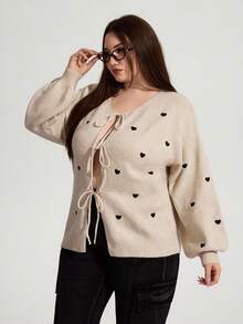 Enliva talla grande tamaños Cardigan de mujer con decoración de corazón, elegante y de moda francés, cálido abrigo de suéter, otoño / invierno - Multicolor - Ver 3
