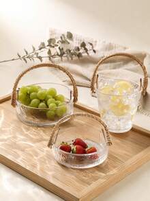 Madebyblanc 1PC Multi-Functional Glass Fruit Bowl With Rattan Handle - Durable Hammered Glass Basket, 3-In-1 Fruit Holder Snack Tray Ice Bucket, Space-Saving Kitchen Organizer, Heat Resistant Serving Dish, Perfect For Home Kitchen Bar Office - Multicolor - View 1