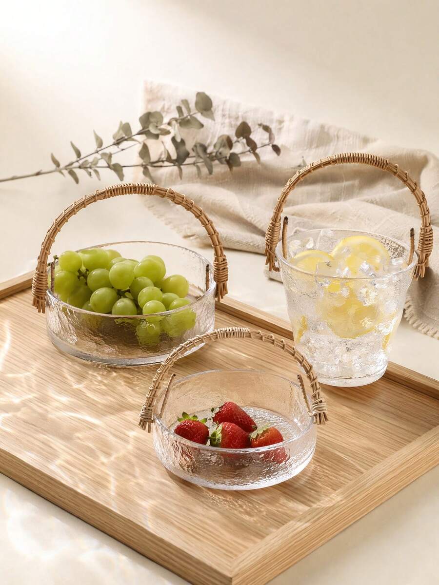 Madebyblanc 1PC Multi-Functional Glass Fruit Bowl With Rattan Handle - Durable Hammered Glass Basket, 3-In-1 Fruit Holder Snack Tray Ice Bucket, Space-Saving Kitchen Organizer, Heat Resistant Serving Dish, Perfect For Home Kitchen Bar Office - Multicolor - View 1