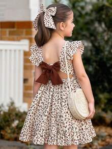 SHEIN Emery Rose Kids 儿童少女可爱碎花度假连衣裙，一件装，休闲可爱日常秋季穿搭，棕色蝴蝶结装饰无袖蓬蓬裙 - 彩色 - 查看 10