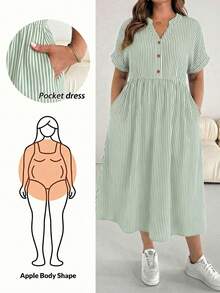 SHEIN Essnce Plus Size Color Block Striped Dress With Pockets, Short Sleeve - Green - View 1