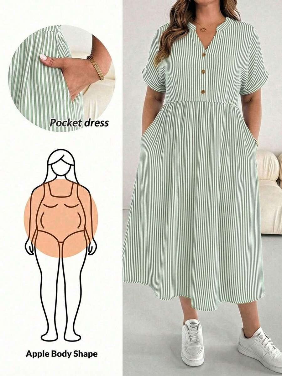 SHEIN Essnce Plus Size Color Block Striped Dress With Pockets, Short Sleeve - Green - View 1