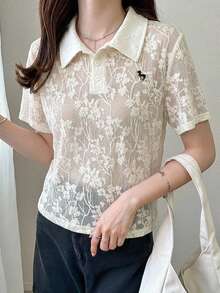 FRIFUL 女款杏色基本款刺繡 Polo 領翻領短袖 T 恤夏季穿著 - 杏色 - 查看 4