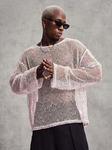 PAVTROS Men's Round Neck Long Sleeve Knitted Mesh T-Shirt, Suitable For Spring/Summer Casual Daily Life, Travel And Vacation Wear - Pink - View 4