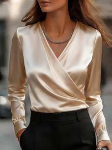 SHEIN LUNE Women's Elegant Champagne Gold Satin Blouse,V-Neck Slim-Fit Long-Sleeved Top For Dining,Autumn,Commuting,Solid Color Casual Shirt For Spring Break - Apricot - View 1