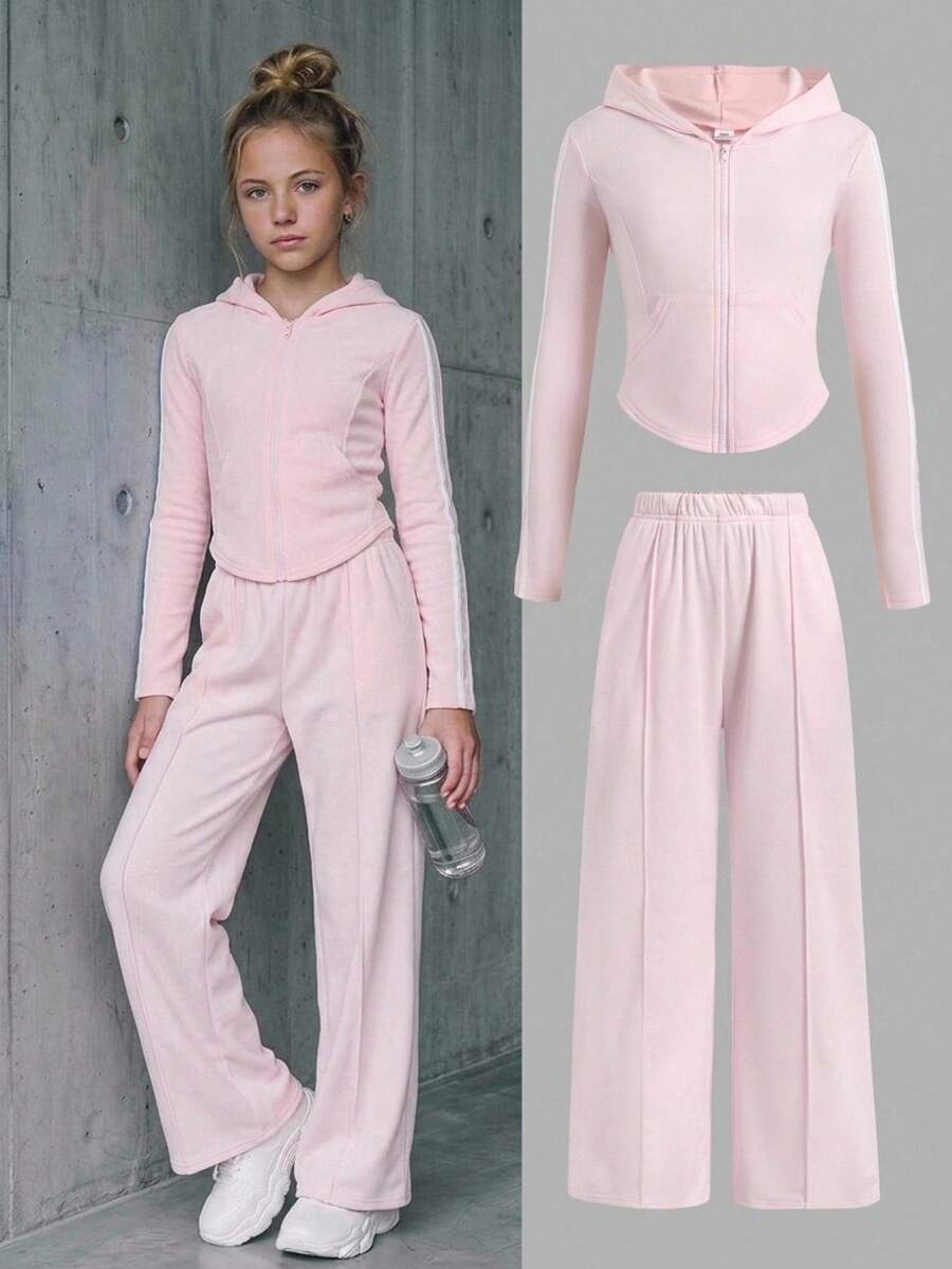 SHEIN Tween女孩休閒日常百搭舒適圓弧下擺夾克外套與長褲套裝 - 粉色 - 查看 1