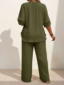 EMERY ROSE Summer Women's Olive Green Solid Guipure Lace Mesh Sleeve Top And Pants Two Piece Set,Boho Vacation Linen Outfit, Al-Adha Casual Coords - Green - View 2