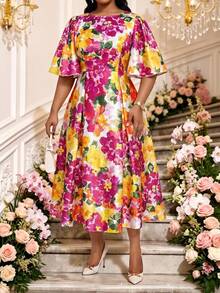 Fleurora White Summer Elegant Plus Size Floral Print Satin Midi Dress Bachelorette Party Evening Tea Party Wedding Guest Dress Round Neck Flounce Sleeve - Multicolor - View 3