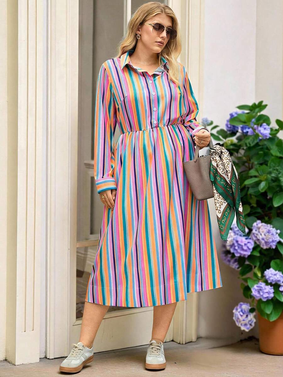 Rosumi Plus Size Casual Commuter Striped Dress, Autumn Winter Clothes For Women Cozy Fall And Winter Clothes For Women Casual Long Dresses - Multicolor - View 1
