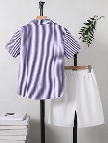 Teen Boys Striped Short Sleeve Shirt & White Shorts With Knight Print For Commute, Beach, Campus & Back To School - Blue - View 2