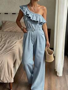 DAZY Ruffled Asymmetric Shoulder Cinched Waist Women's Denim Jumpsuit Romper Vacation Light Blue Summer Sexy Elegant - Blue - View 3