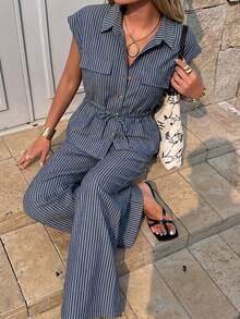 DAZY Conjunto de 2 piezas de blusa sin mangas con cintura anudada y pantalones rectos de estilo casual para vacaciones, primavera/verano - Azul Marino - Ver 5