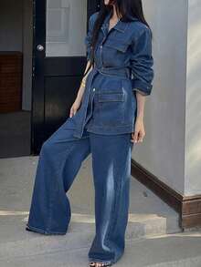 DAZY Setelan Jaket Denim dan Celana Jeans Kasual Wanita dengan Kancing Depan dan Saku Lipat, Gaya Musim Gugur Biru Tua untuk Bepergian - Biru - View 5
