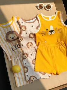 SHEIN 中性嬰兒男童/女童 3 套裝 春/夏休閒可愛獅子圖案背心與短褲套裝 多件裝，嬰兒男童套裝，嬰兒男童夏季衣物，柔軟 - 黃色 - 查看 4