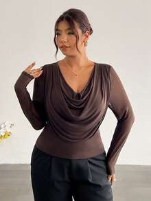 Firerie Plus Size Women's Solid Color Cowl Neck Casual Versatile Daily Outing Long Sleeve Brown T-Shirt Autumn Elegant Work Office Formal - Coffee Brown - View 7