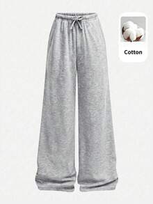 SHEIN Pantalones largos casuales holgados de unicolor de punto para niña preadolescente - Gris - Ver 3