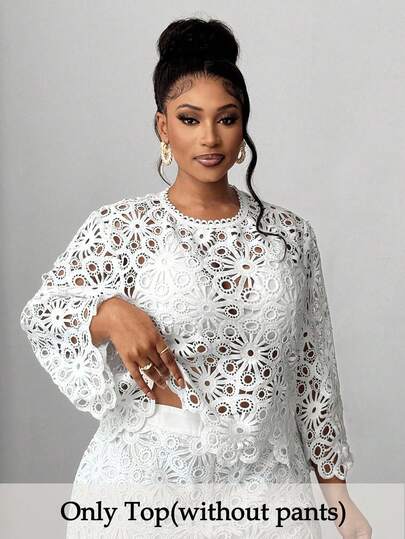 Maweii Esta elegante blusa de encaje blanco con estampado floral de talla grande es perfecta para la primavera, el otoño, el Año Nuevo y la Navidad. Ideal para usar en vacaciones, verano, fiestas y eventos florales.
