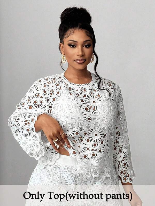 Maweii Elegant White Lace Floral Plus-Size Blouse For Summer Tea Party,Spring Holiday Wear,Autumn Parties,Christmas & New Year Floral Top