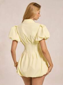 SHEIN BAE Spring/Summer Solid Pale Yellow Petal Sleeve Elegant Cute Mini Dress Blouse For Women Birthday - Yellow - View 2