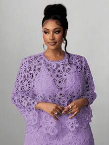 Maweii Plus Size Solid Color Hollow Out Round Neck Elegant Long Sleeve Blouse - Mauve Purple - View 4