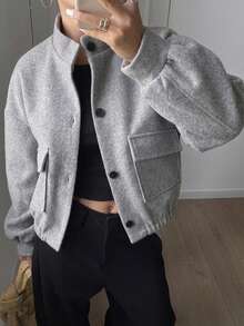 Livesso 女款休閒灰色羊毛混紡立領長袖夾克，附口袋細節，秋季款 - 淺灰色 - 查看 1