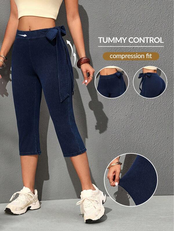 Flexra Women's Lace-Up Design Elastic Slim Fit Capri Denim Pants