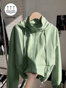 Comfortcana 1pc Solid Color Front Zip-Up Long Sleeve Casual Hooded Sun Protective Lightweight Jacket In Fall/Winter - Olive Green - View 1