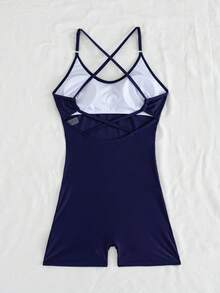 Swim Lushoire 女款純色夏季海灘連身泳衣，交叉綁帶露背，無袖修身運動泳衣 - 藏蓝色 - 查看 4