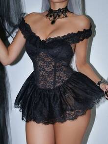 AltCore Black Classic Sexy Lace Patchwork Women's Nightgown Set 2 Pieces - Black - View 5