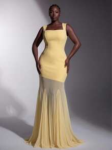 Elitara Gaun Bridesmaid Transparan Ukuran Plus Elegan Romantis Warna Kuning dengan Leher Persegi dan Bahan Jala Elastis Tinggi, Model Bodycon dan Hem Ekor Ikan - Kuning - View 1