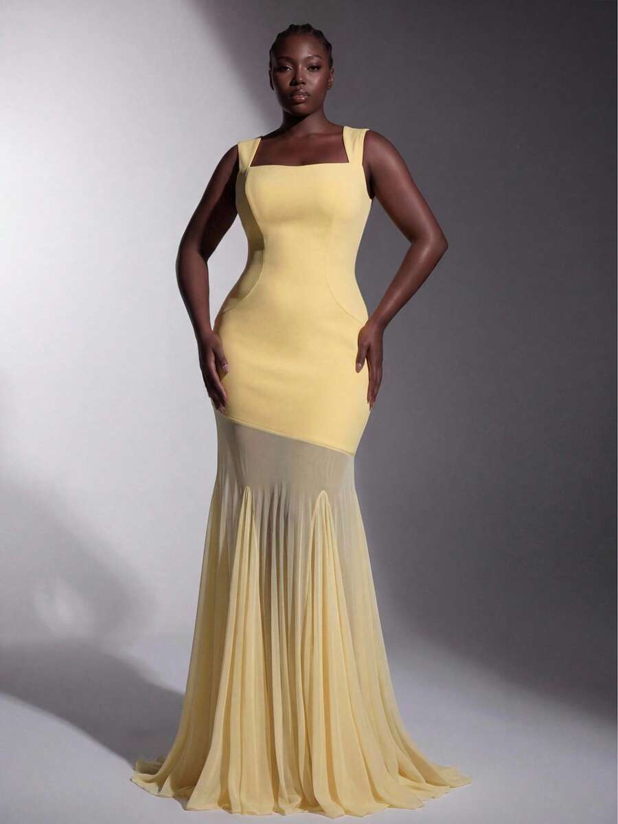 Elitara Gaun Bridesmaid Transparan Ukuran Plus Elegan Romantis Warna Kuning dengan Leher Persegi dan Bahan Jala Elastis Tinggi, Model Bodycon dan Hem Ekor Ikan - Kuning - View 1