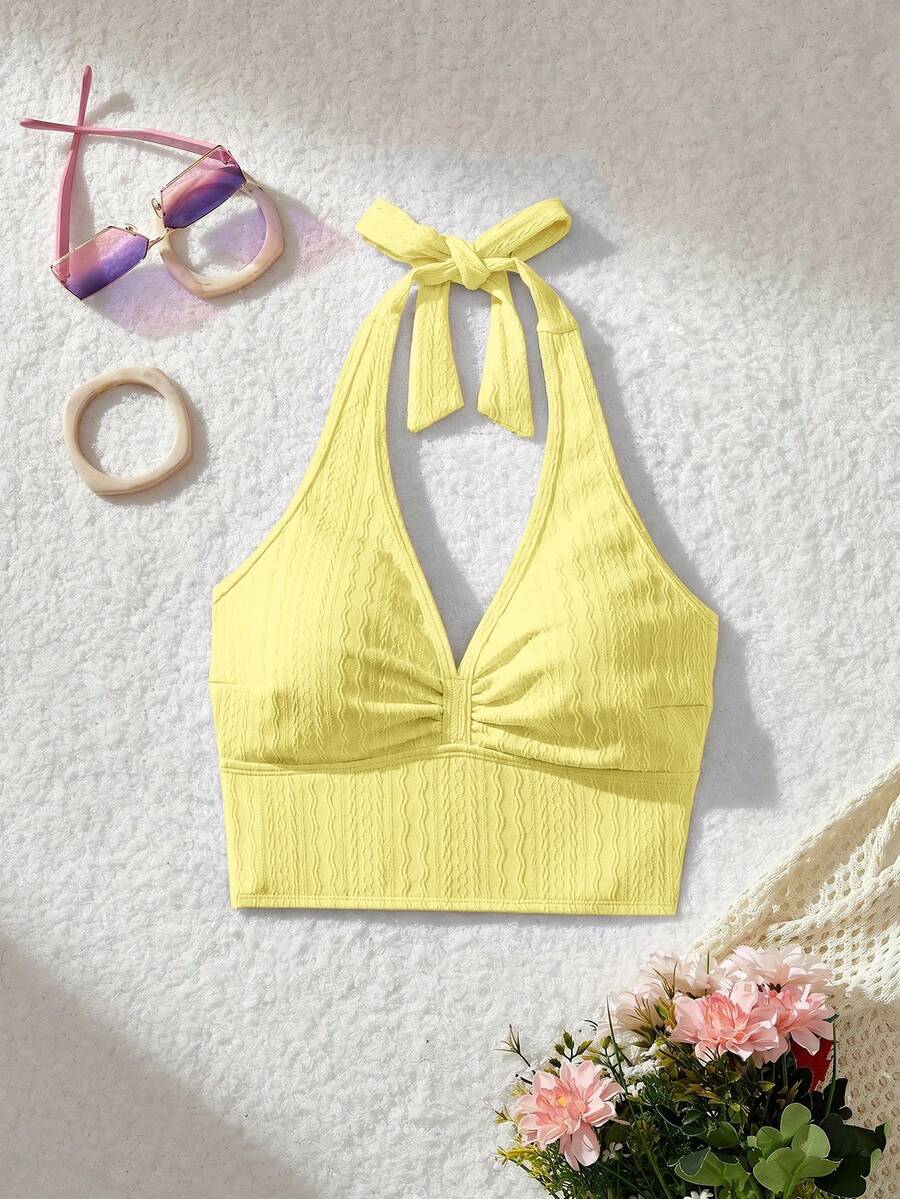 SHEIN MOD Neck Tie Front Ruched Knit Jacquard Pink Swimsuit Top - Yellow - View 1