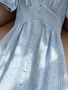 Selianne Women's Spring/Summer French Romantic Sicilian Exquisite Elegant Casual Commute Vacation Afternoon Tea Party Solid Color Jacquard Textured Fabric V-Neck Decorative Button Hem Split Back Waist Elastic Lantern Sleeve Short Sleeve Long Dress - Blue - View 4