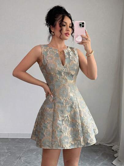 Elenzga Women's Spring/Summer Exquisite Elegant Commute Banquet Party Street French V-Neck Sleeveless Small A-Line Waist-Cinching Jacquard Short Dress