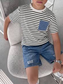 兒童青少年男孩 2件/套 春夏休閒可愛條紋短袖T恤針織上衣與牛仔短褲套裝，適合返校穿著 男孩校服 返校服 - 黑與白 - 查看 4