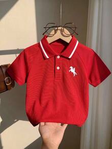 SHEIN Kids Tween Boy Spring/Summer Casual Versatile Red Pique Short Sleeve T-Shirt POLO Shirt Knit Top Suitable For Commuting, School, Daily Casual Outings, Sports, Spring/Summer Seasons, Beach Vacations - Red - View 3