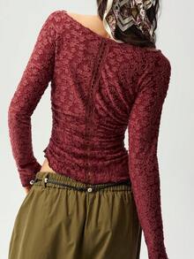 Bohemela Casual Boho Solid Color Knit Short Sleeve Women's Top Everyday Burgundy Autumn - Burgundy - View 6