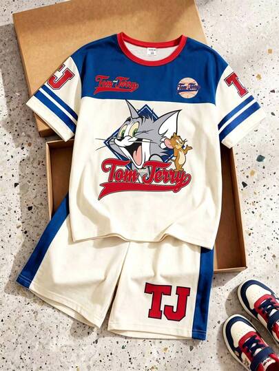TOM & JERRY X SHEIN GraphicGems Conjunto informal de 2 piezas con camiseta de manga corta y cuello redondo con estampado de dibujos animados y pantalones cortos para niño preadolescente