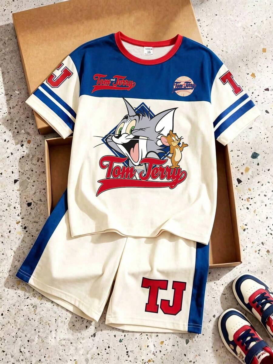 TOM & JERRY X SHEIN GraphicGems 男童卡通印花圆领短袖T恤和短裤两件套休闲套装 - 藍色 - 查看 1